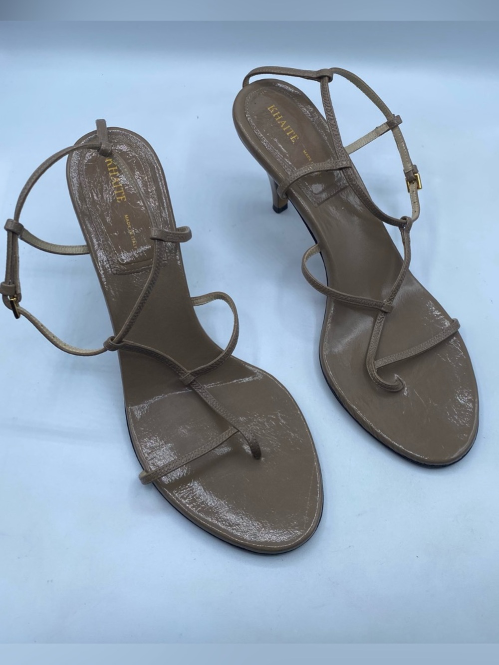 KHAITE Jones T-Strap Heel Sandals in Tan Leather